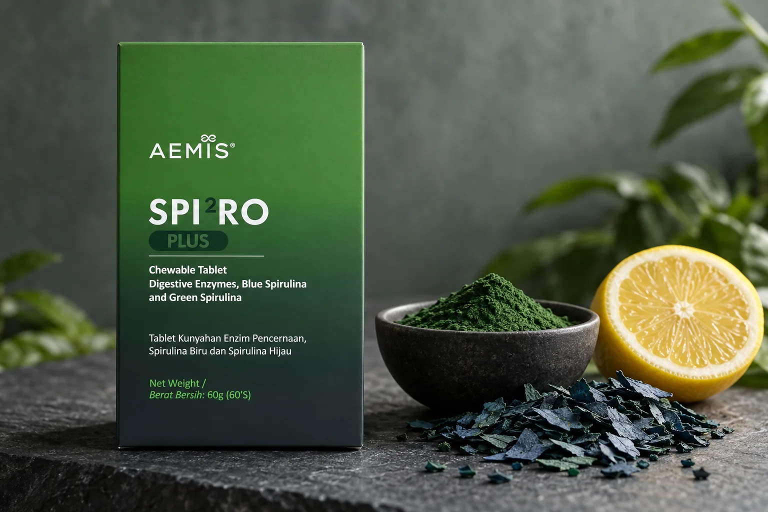 SPIRO Plus 雙藻錠盒裝,旁邊有小球藻粉、螺旋藻片同檸檬