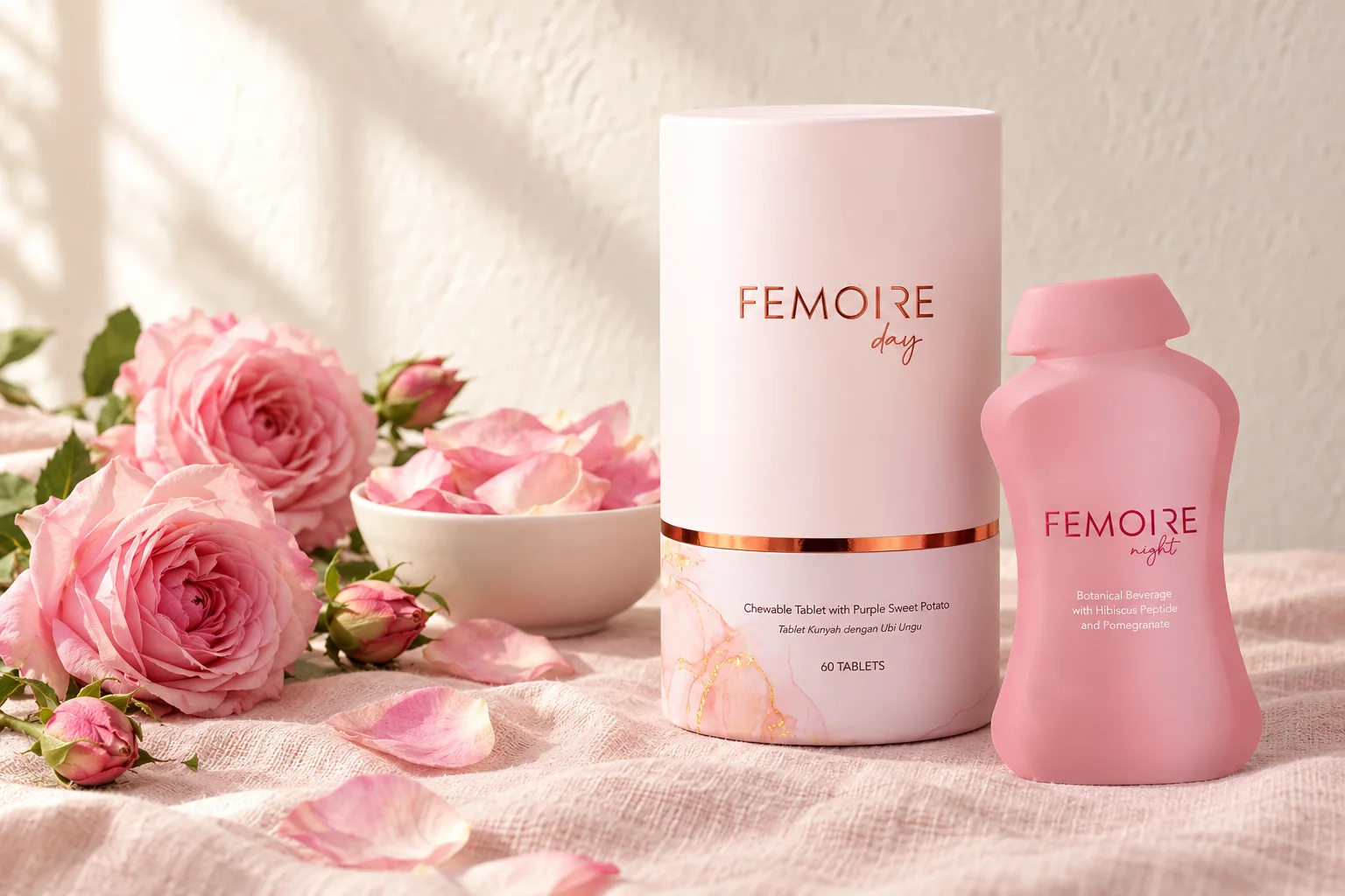 FEMOIRE 日間咀嚼片罐同夜間飲包,旁邊係粉紅玫瑰同一碗玫瑰花瓣