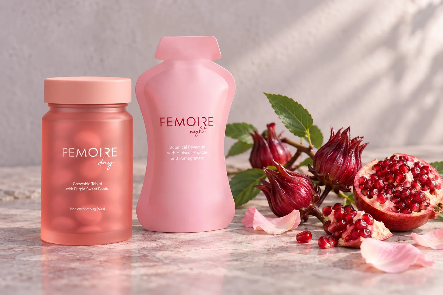 FEMOIRE 日間咀嚼片樽同夜間飲包，旁邊係洛神花、紅石榴同玫瑰花瓣