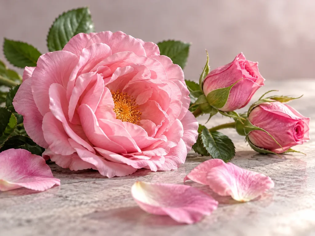 粉紅色保加利亞玫瑰嘅盛放花朵、花蕾同花瓣特寫