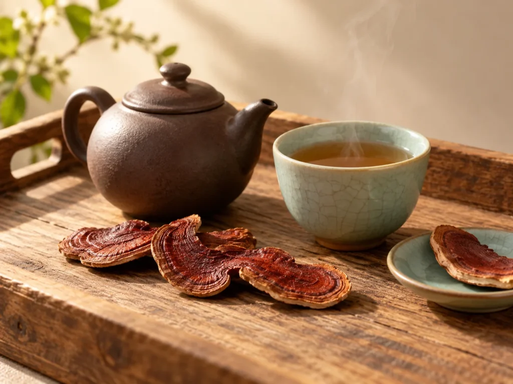 一個陶茶壺、一杯琥珀色靈芝茶同幾片乾靈芝切片