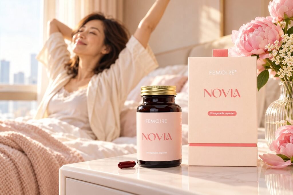 一位休息得好好嘅女士朝早伸懶腰,床頭櫃上有 NOVIA 樽同盒