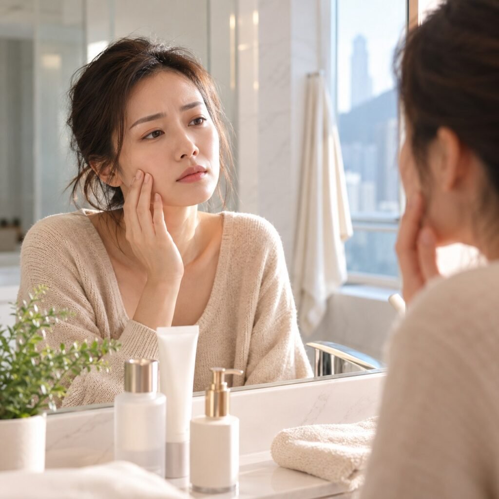 對住鏡睇住自己塊面嘅香港女士