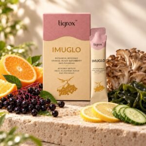 TIGROX IMUGLO 盒同飲品包，旁邊有黑接骨木莓、裙帶菜、橙、檸檬同舞茸