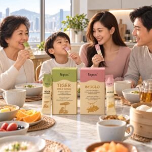 三代同堂嘅香港家庭喺早餐枱飲 TIGROX 虎乳芝同 IMUGLO