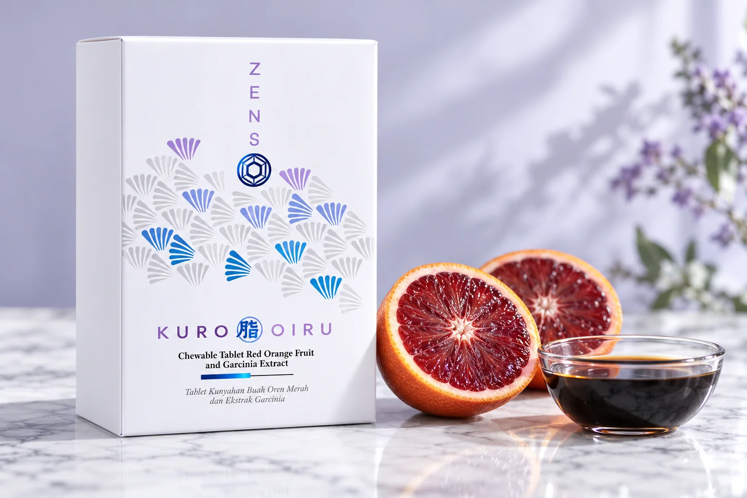 ZENSO Kuro OIRU 盒裝,旁邊有切開嘅紅橙同一碟黑醋