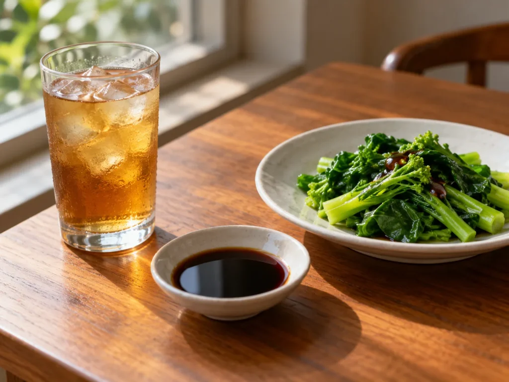 一杯稀釋黑醋、一碟黑醋同一碟灼菜,放喺木枱上
