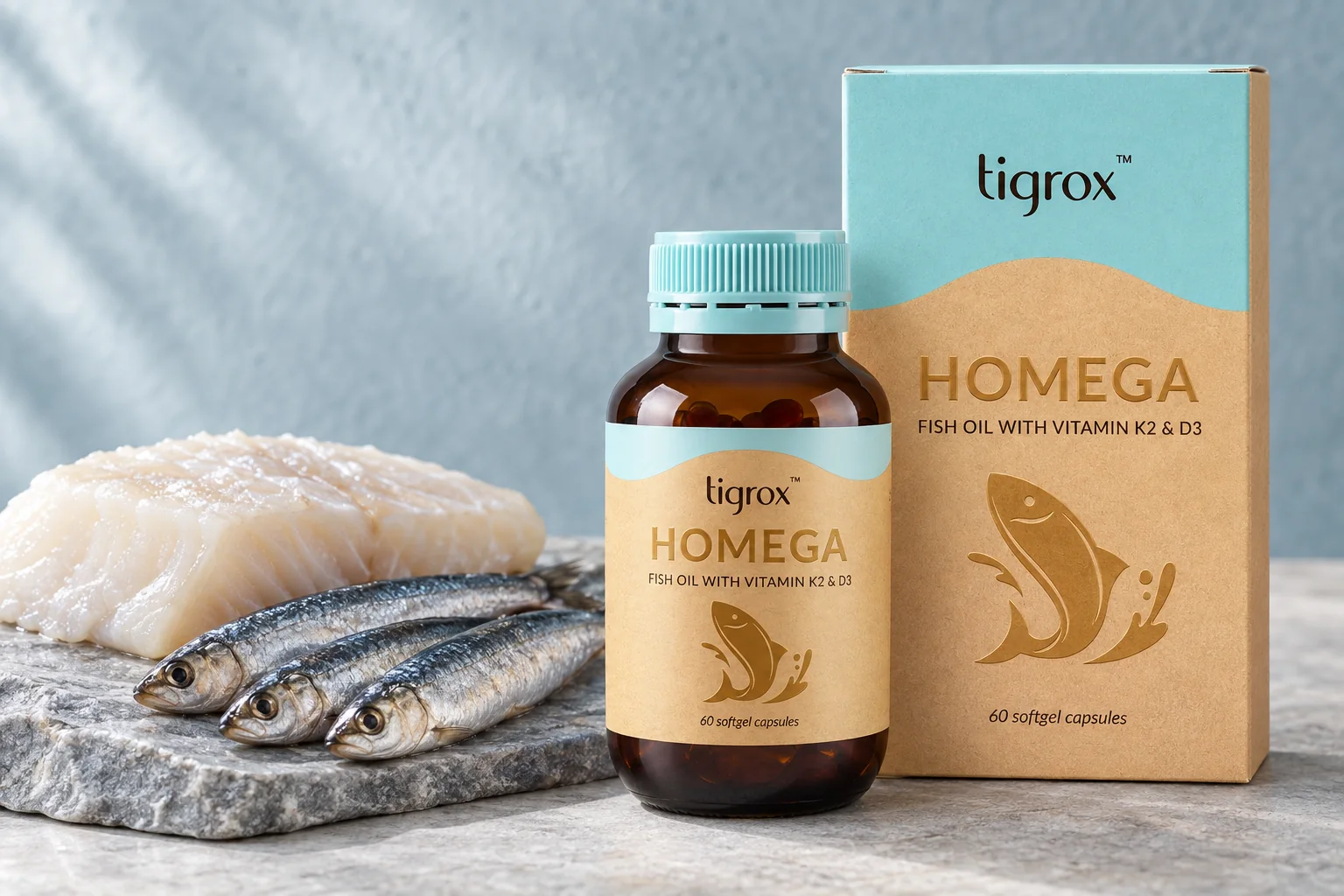 TIGROX HOMEGA 魚油盒同樽,旁邊有白色鱈魚柳同三條沙甸魚