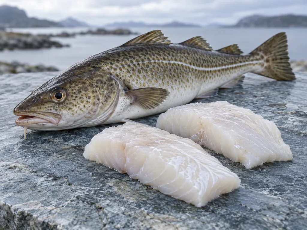 藍灰色石板上嘅原條鱈魚同兩件白色鱈魚柳