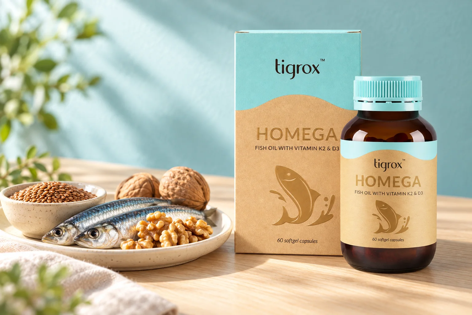 TIGROX HOMEGA 魚油盒同樽,旁邊有亞麻籽、合桃同兩條沙甸魚