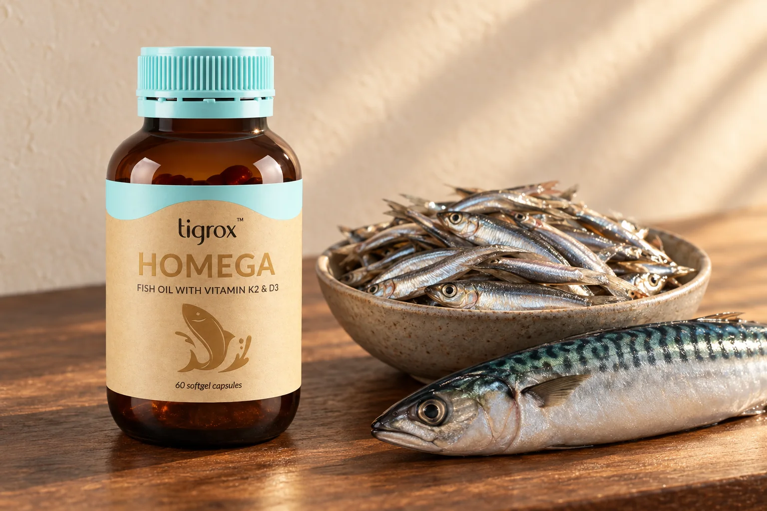 TIGROX HOMEGA 魚油樽,旁邊有一碗鯷魚同一條鯖魚
