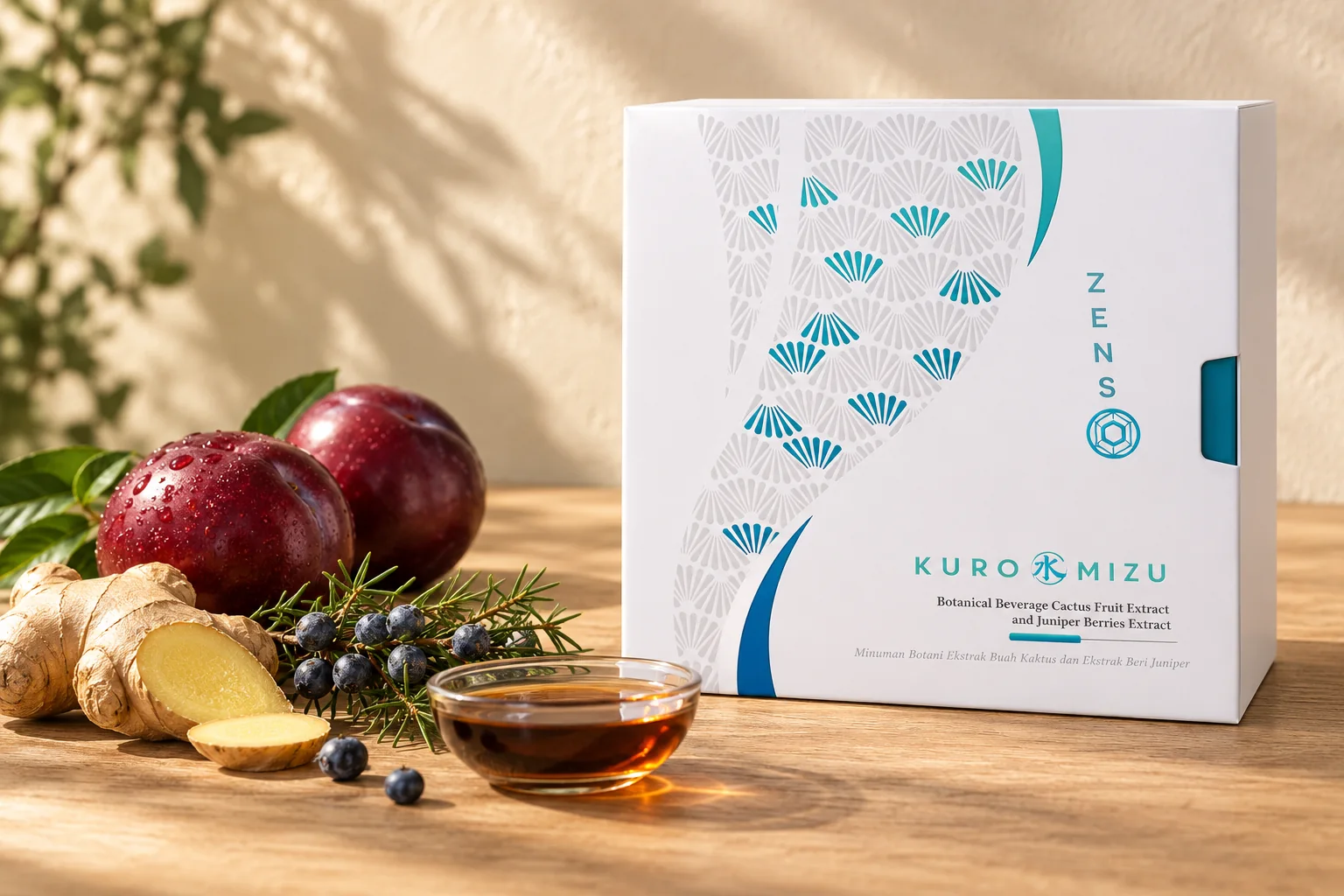 ZENSO Kuro MIZU 盒裝，旁邊有杜松果、薑、紅李同一小碟黑醋