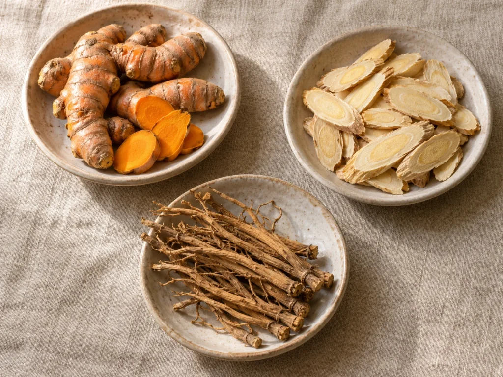 新鮮薑黃、黃芪片同柴胡根