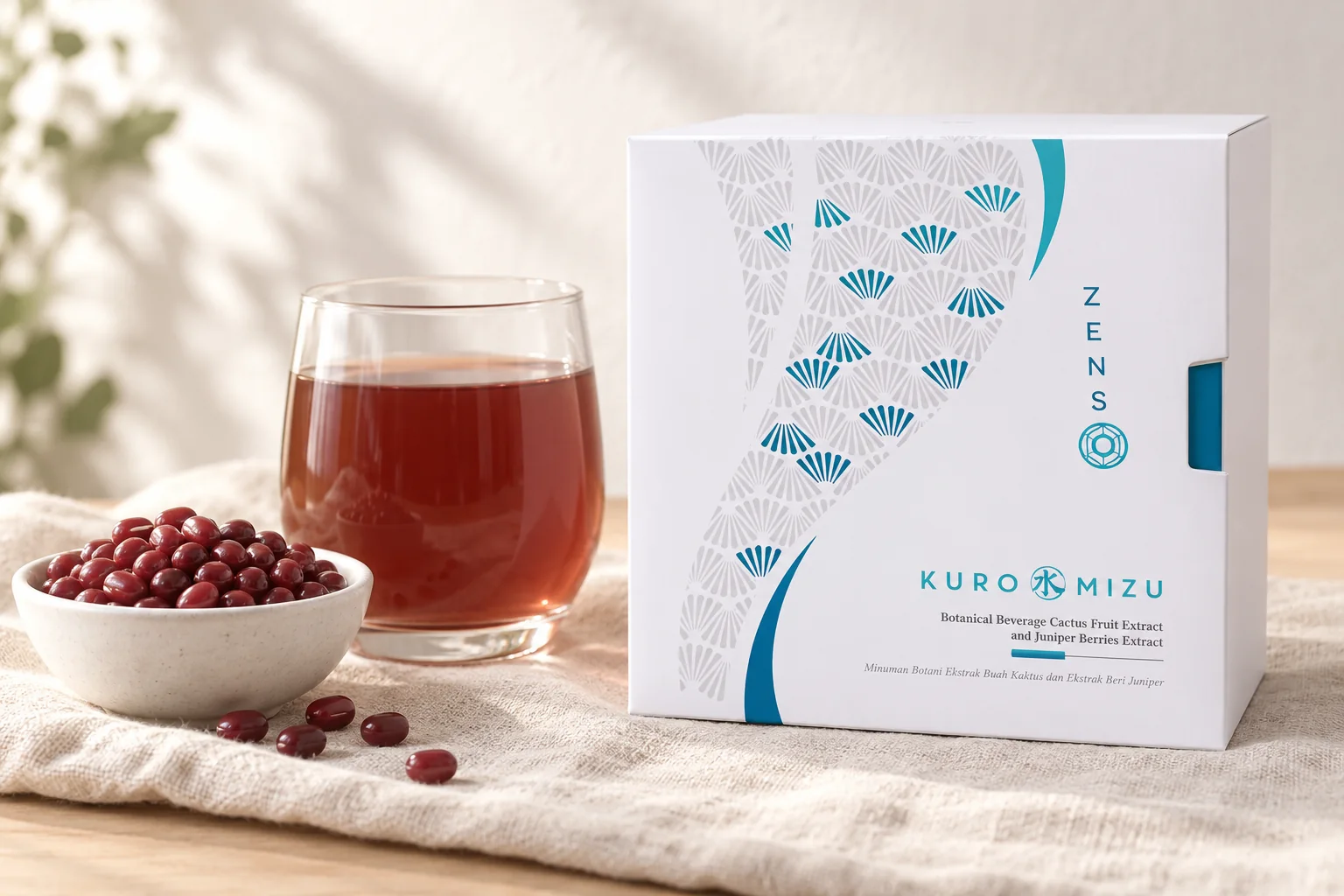 ZENSO Kuro MIZU 盒裝,旁邊有一碗紅豆同一杯紅豆水