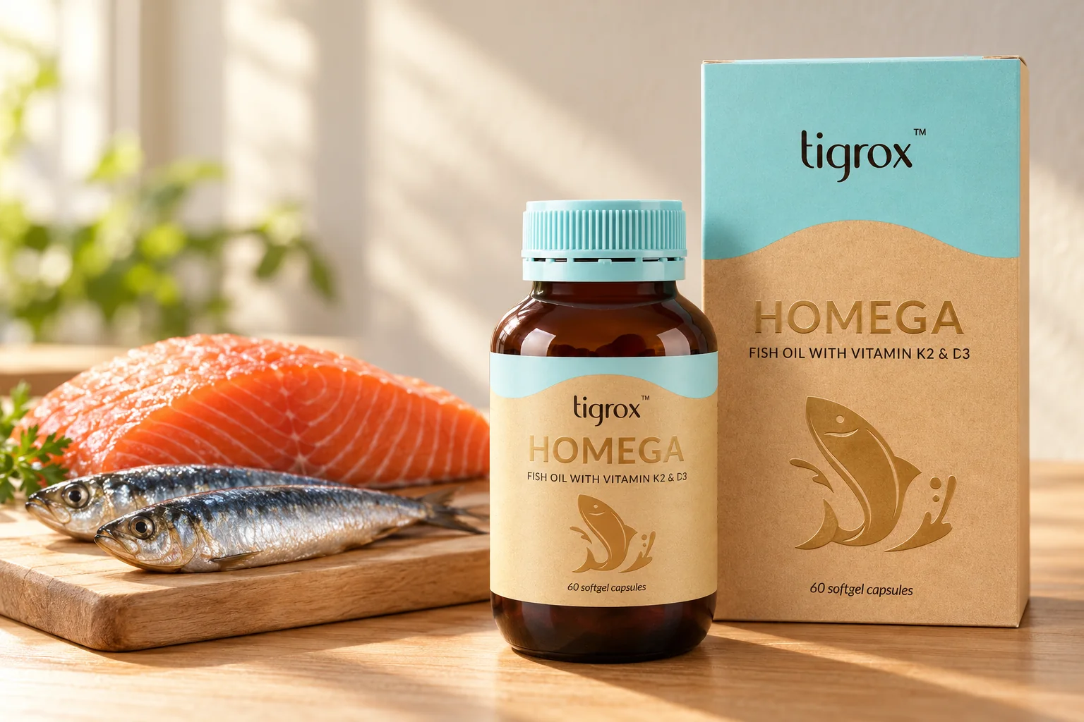 TIGROX HOMEGA 魚油盒同樽,旁邊有生三文魚柳同兩條沙甸魚