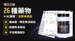 獨立化驗:26 種未申報藥物 GC-MS 篩查全部未檢出;重金屬、微生物、防腐劑未檢出;不含豬源成分