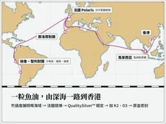 航線圖:秘魯、智利、摩洛哥對開海域,經法國提煉、馬來西亞製成軟膠囊,再到香港