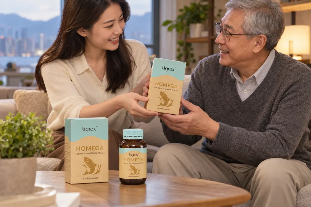 女兒將一盒 HOMEGA 交畀坐喺梳化嘅爸爸