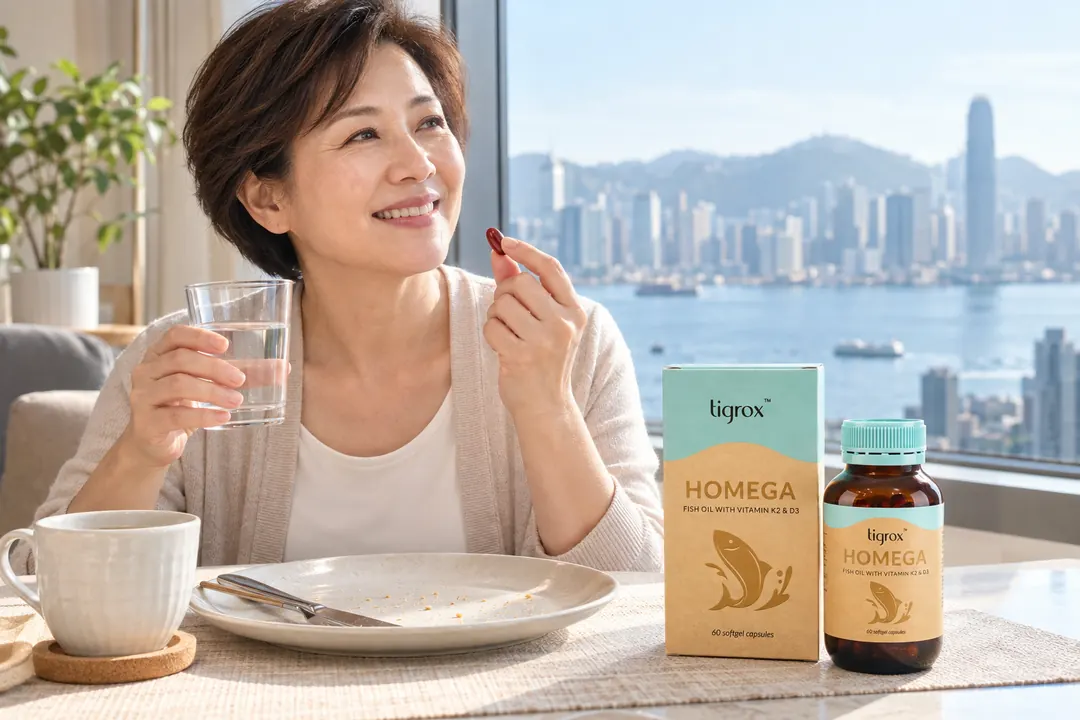 海景窗邊食完早餐,碟已經清晒,一位女士拎住一粒紅色軟膠囊同一杯水,枱面有 HOMEGA 盒同樽