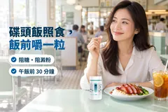 茶餐廳午飯，一位女士揸住一粒咀嚼片，面前有一碟叉燒飯同一樽 ZENSO Kuro SHUGA；字句：碟頭飯照食，飯前嚼一粒；阻糖・阻澱粉，午飯前 30 分鐘