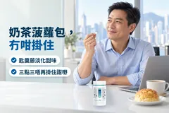 下晝辦公室，一位男士揸住一粒咀嚼片，枱上有奶茶、菠蘿包同一樽 ZENSO Kuro SHUGA；字句：奶茶菠蘿包，冇咁掛住；匙羹藤淡化甜味，三點三唔再掛住甜嘢