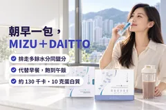 香港家中廚房嘅朝早，一位女士撕開一包 Kuro MIZU，枱上一盒 Kuro MIZU、一盒 Kuro DAITTO 同搖搖杯；字句：朝早一包 MIZU＋DAITTO；排走多餘水分同鹽分，代替早餐，飽到午飯（示意圖）