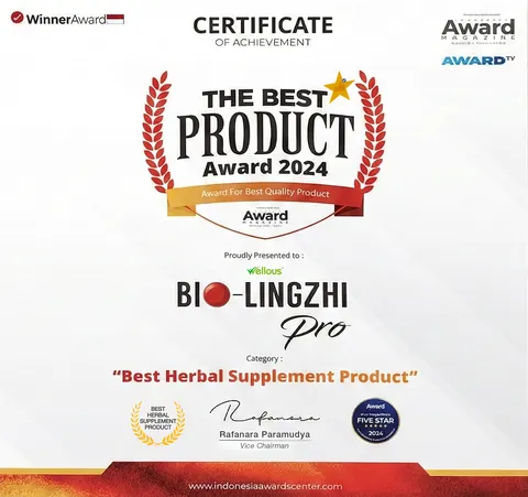 Sertifikat The Best Product Award 2024 untuk BIO-LINGZHI PRO, kategori Best Herbal Supplement Product