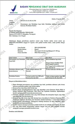 Surat Badan POM RI untuk produk BIO-LINGZHI PRO kapsul dengan nomor izin edar POM TR213321651