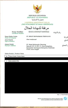 Lampiran sertifikat halal BPJPH nomor ID33110000271650522 untuk BIO-LINGZHI PRO