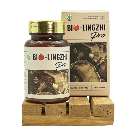 Botol dan dus BIO-LINGZHI PRO 60 kapsul di atas palet kayu