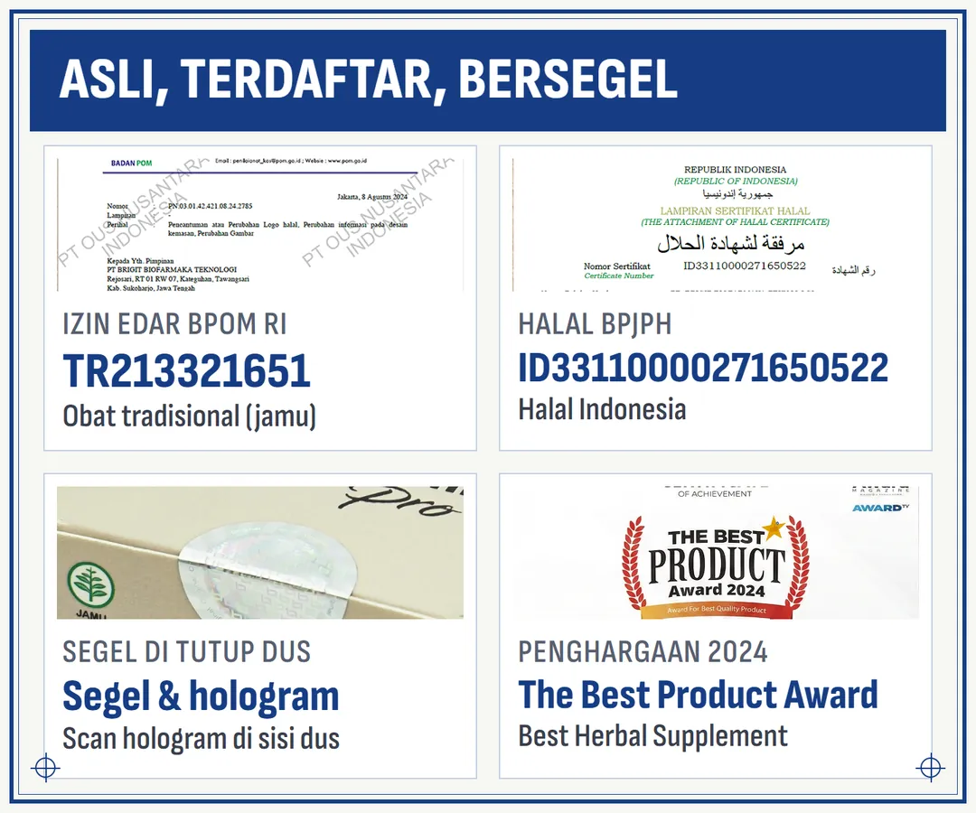 BIO-LINGZHI PRO asli: BPOM RI TR213321651, halal BPJPH ID33110000271650522, segel di tutup dus, hologram SCRATCH & SCAN di sisi dus, The Best Product Award 2024 Best Herbal Supplement Product, Garansi 100% Asli.