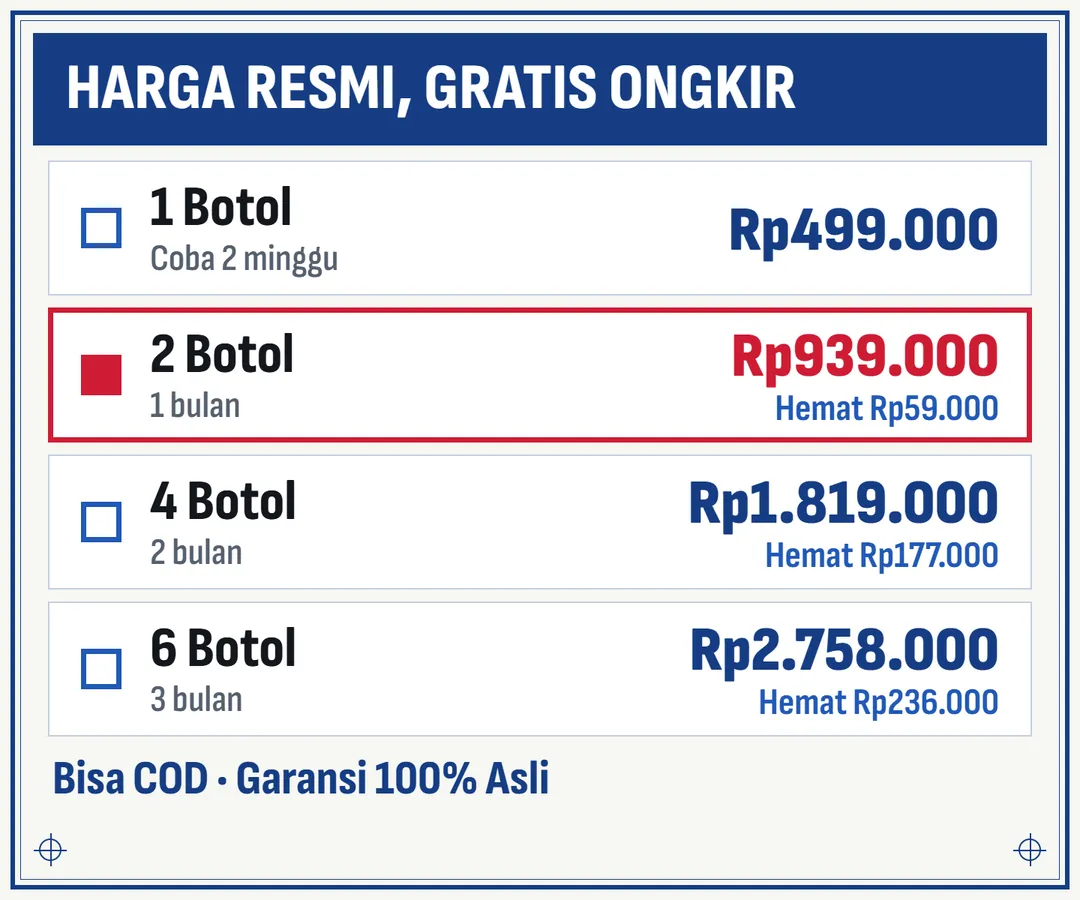 Harga resmi BIO-LINGZHI PRO: 1 botol (15 hari) Rp499.000, 2 botol (1 bulan) Rp939.000, 4 botol (2 bulan) Rp1.819.000, 6 botol (3 bulan) Rp2.758.000. Gratis ongkir, bisa COD.
