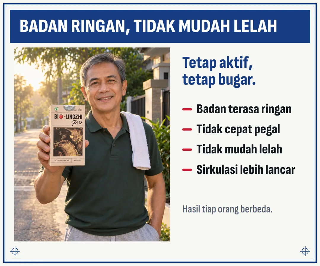 Pria berusia sekitar 58 tahun sehabis jalan pagi memegang dus BIO-LINGZHI PRO di depan rumah: badan terasa ringan, tidak mudah lelah.