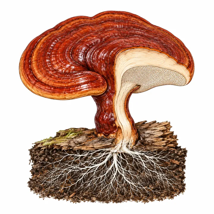 Gambar jamur lingzhi utuh (Ganoderma lucidum) dengan potongan tubuh buah, batang, kayu tempat tumbuh dan benang miselium di bawahnya