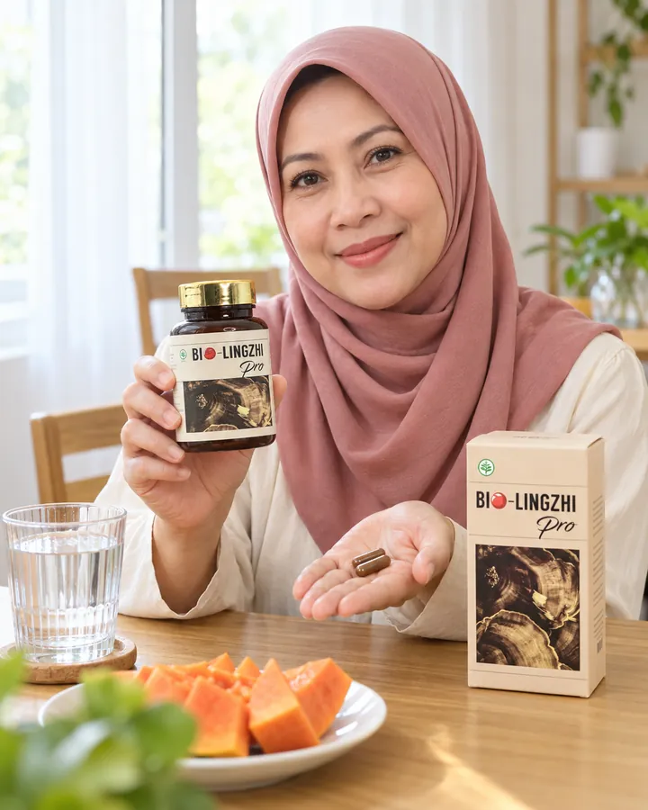 Wanita berhijab usia 40-an di meja makan pagi hari memegang botol BIO-LINGZHI PRO dan dua kapsul, dus BIO-LINGZHI PRO di meja