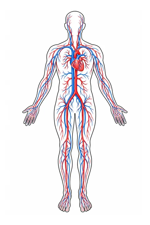Peta peredaran darah: gambar tubuh manusia dengan pembuluh darah arteri merah dan vena biru dari jantung ke kepala, tangan dan kaki, dengan lima titik bernomor