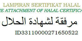 Potongan lampiran sertifikat halal BPJPH dengan nomor sertifikat ID33110000271650522