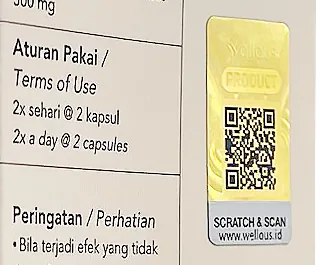 Sisi dus BIO-LINGZHI PRO: aturan pakai 2x sehari @ 2 kapsul dan hologram Wellous SCRATCH & SCAN dengan kode QR
