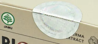 Stiker segel hologram bertulisan Original yang menutup tutup dus BIO-LINGZHI PRO, di samping logo JAMU