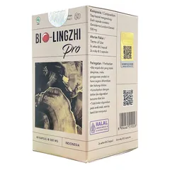 Sisi dus BIO-LINGZHI PRO dengan komposisi, aturan pakai, peringatan, logo halal, hologram Wellous SCRATCH & SCAN dan kode QR BPOM