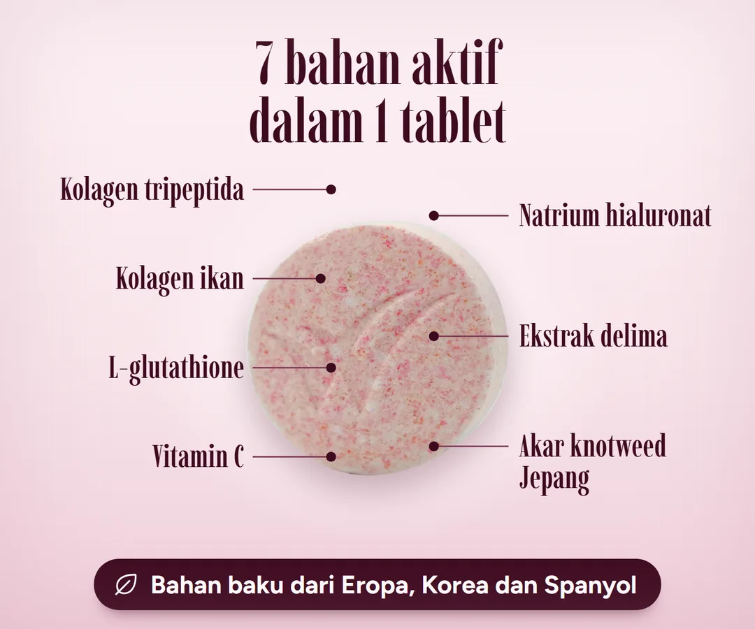 7 bahan aktif dalam 1 tablet: kolagen tripeptida, kolagen ikan, L-glutathione, vitamin C, natrium hialuronat, ekstrak delima, akar knotweed Jepang.