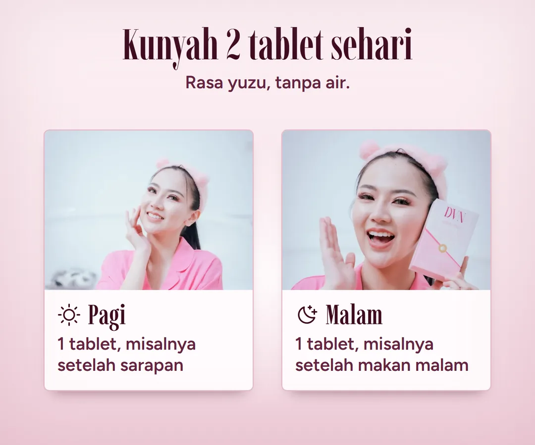 Kunyah 2 tablet sehari, rasa yuzu, tanpa air: 1 tablet pagi dan 1 tablet malam, misalnya setelah sarapan dan setelah makan malam.