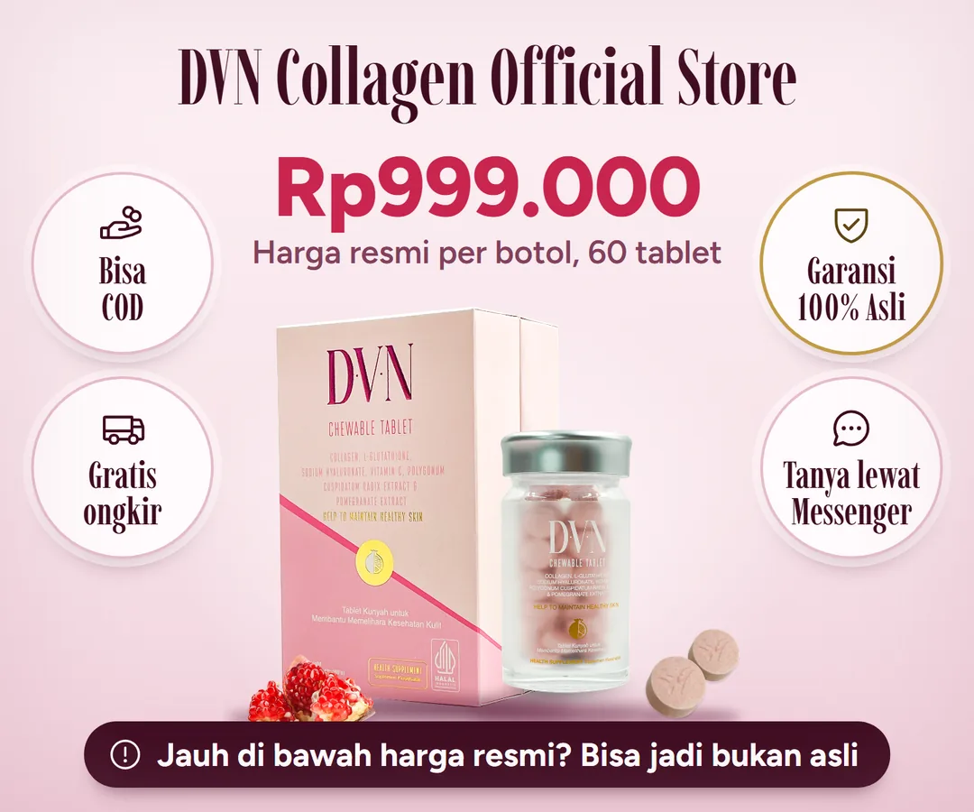 DVN Collagen Official Store: harga resmi Rp999.000 per botol, 60 tablet. Bisa COD, gratis ongkir, Garansi 100% Asli.