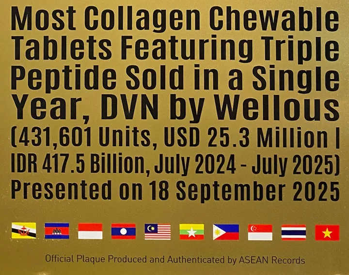 Detail plakat ASEAN Records 2025 untuk DVN by Wellous: 431.601 unit, Juli 2024 sampai Juli 2025, diserahkan 18 September 2025