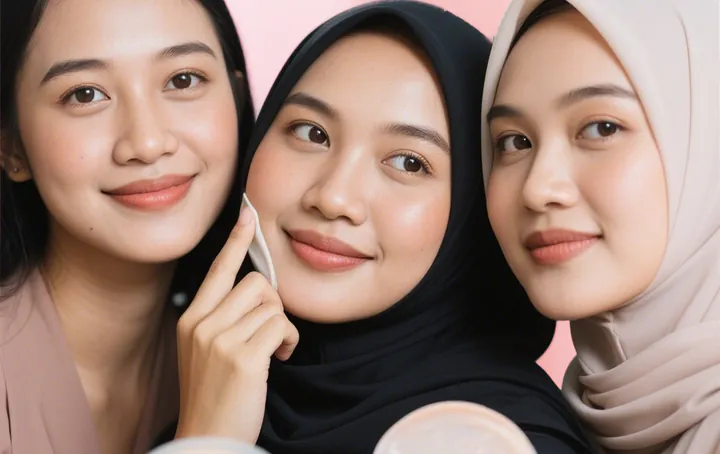 Tiga perempuan Indonesia, dua berhijab, tersenyum dengan kulit tampak terawat