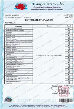 Certificate of analysis PT Angler BioChemLab, hasil uji: semua senyawa yang diuji tidak terdeteksi