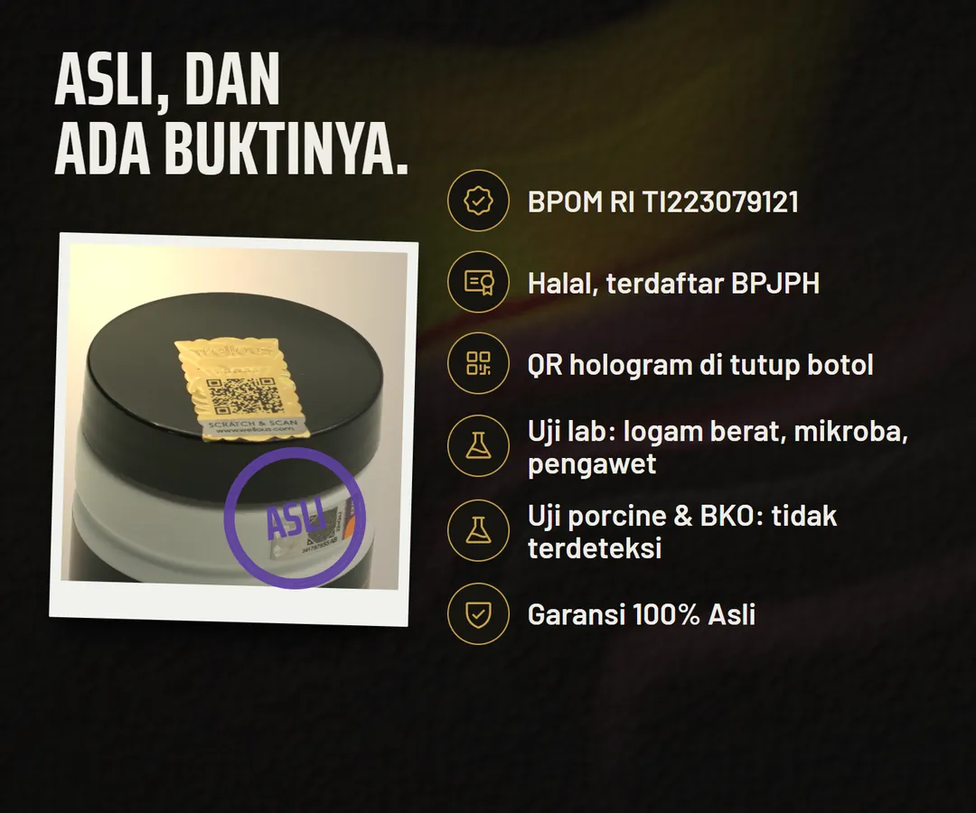 Asli dan ada buktinya: BPOM RI TI223079121, halal terdaftar BPJPH, QR hologram di tutup botol, uji lab logam berat, mikroba, pengawet, porcine dan BKO, Garansi 100% Asli.