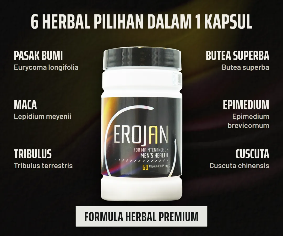 6 herbal pilihan dalam 1 kapsul: pasak bumi, maca, tribulus, butea superba, epimedium dan cuscuta. Formula herbal premium.