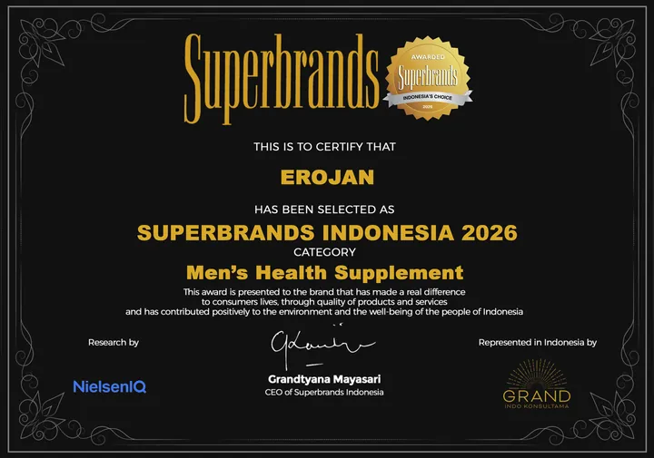 Sertifikat Superbrands Indonesia 2026 untuk EROJAN, kategori Men's Health Supplement, riset oleh NielsenIQ