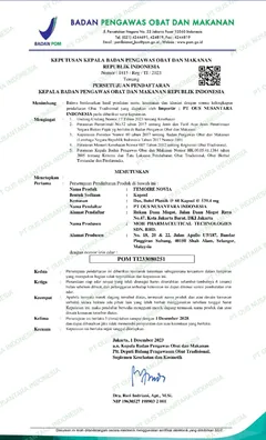 Surat persetujuan pendaftaran Badan POM RI untuk FEMOIRE NOVIA kapsul dengan nomor izin edar POM TI233080251